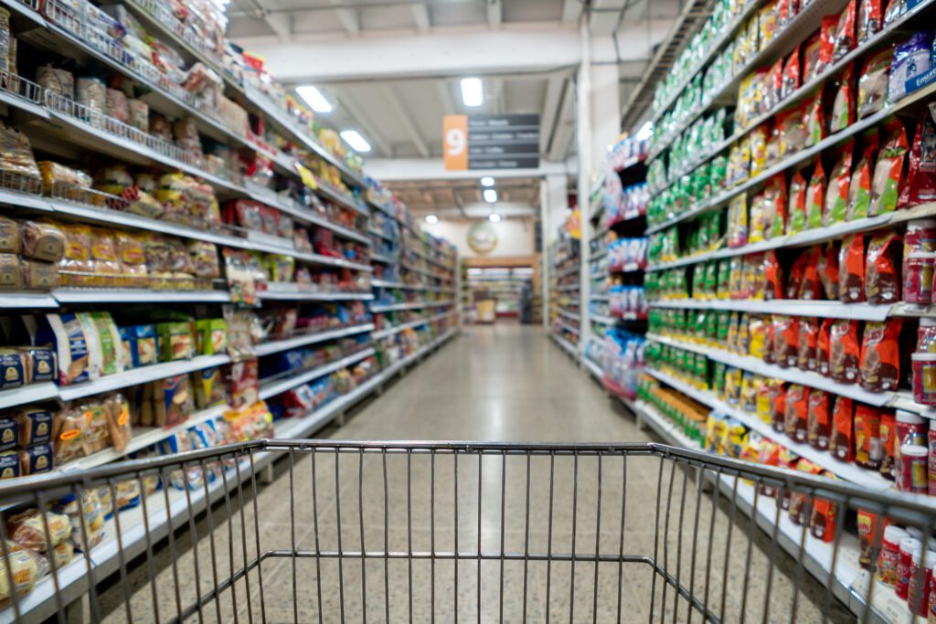 Shelves of the supermarket filled with products â No people