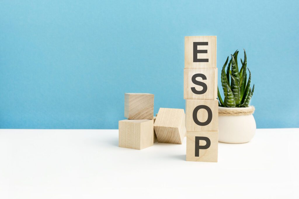 esop – word is written on wooden cubes on a blue background. close-up of wooden elements. In the background is a green flower.